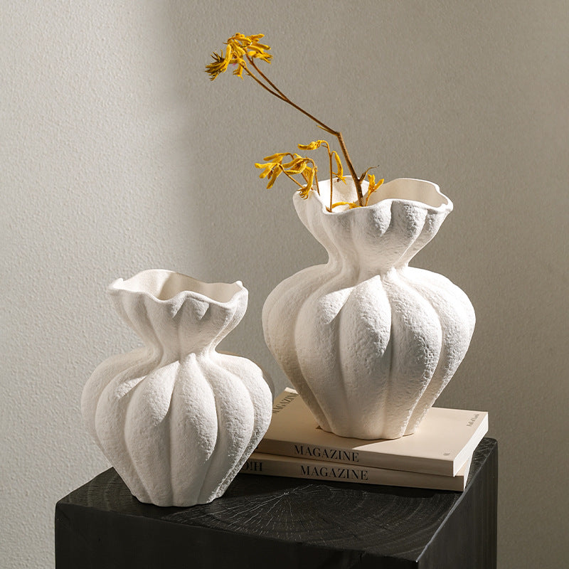 White Art Petal Shape Ceramic Vase Home Flower Arrangement Ornaments